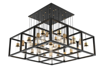 Large modern square chandelier with black metal frame.