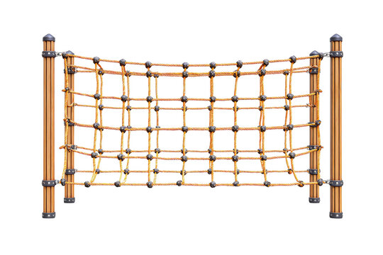Childrens playground rope climbing net on wooden posts isolated.