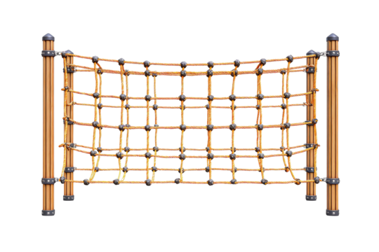 Childrens playground rope climbing net on wooden posts isolated.