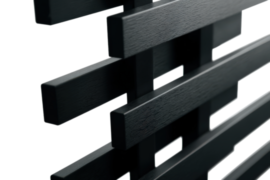 Modern abstract black structure with interlocking rectangular bars.