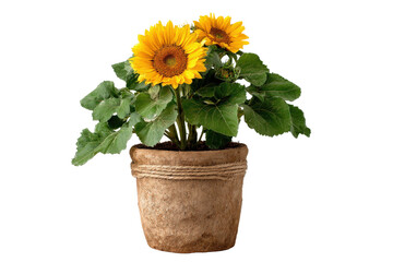 Obraz premium A beautiful sunflower plant with two blossoms in a rustic pot.