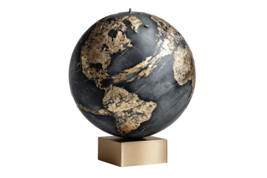 Decorative black and gold world globe sculpture on a pedestal.