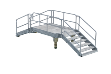 Industrial metal crossover platform with stairs and safety railings isolated on white.