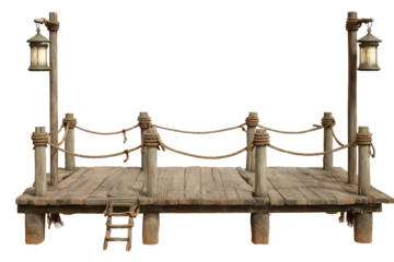 Old rustic wooden pier with rope railings and lanterns.