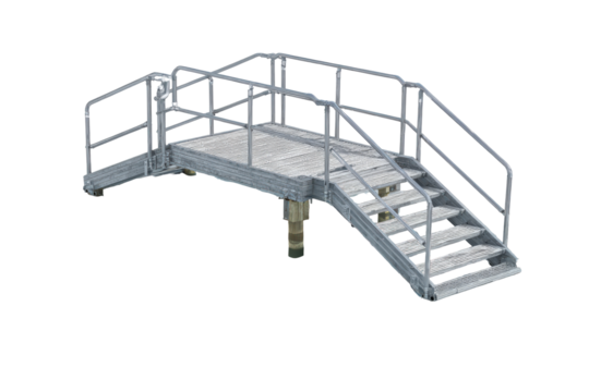 Industrial metal crossover platform with stairs and safety railings isolated on white.