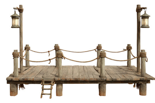 Old rustic wooden pier with rope railings and lanterns.