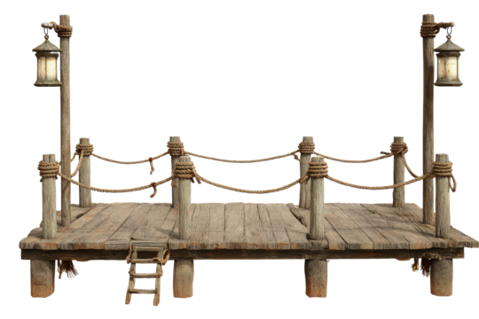 Old rustic wooden pier with rope railings and lanterns.