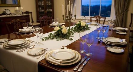 Fototapeta premium Wide shot of a dining room table half-set, candles waiting to be lit.