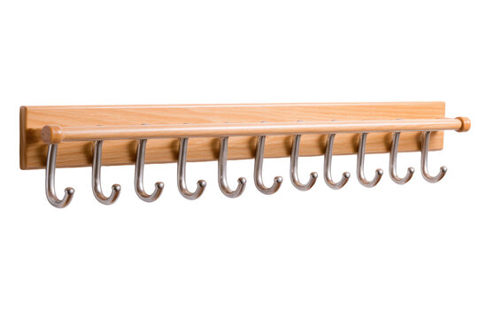 Wooden wall mounted tie rack with multiple silver metal hooks.