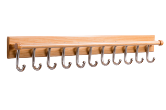 Wooden wall mounted tie rack with multiple silver metal hooks.
