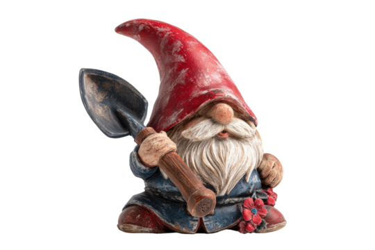Classic garden gnome figurine with a red hat and shovel.