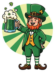 A cheerful leprechaun in a green suit and hat raises a frothy mug of green beer in celebration.