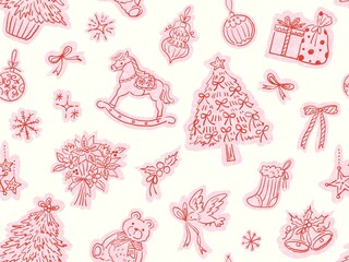 Cute hand Painted Christmas seamless Pattern, Minimal Line Art Holiday textile design for fabric and cards.	
