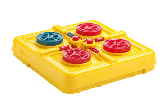 Vintage yellow electronic reaction game with red and blue buttons.