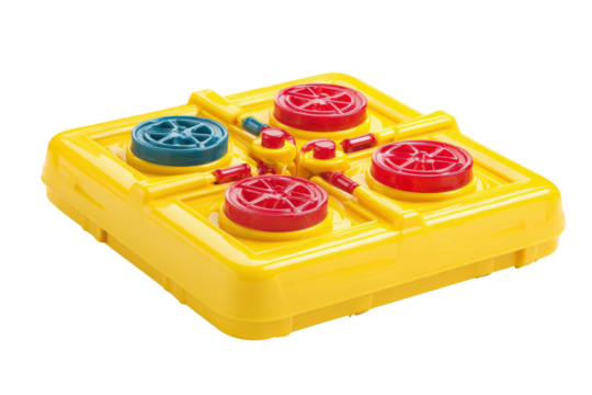 Vintage yellow electronic reaction game with red and blue buttons.