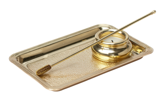 Religious Brass Candle Snuffer and Holder on a Tray.