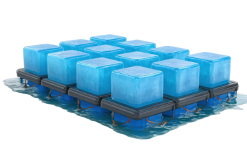Array of twelve blue translucent cubes on a floating grid structure.