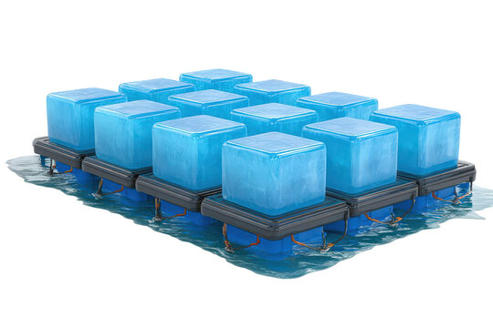 Array of twelve blue translucent cubes on a floating grid structure.
