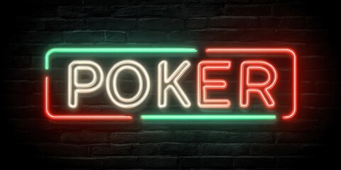 Obraz premium Vibrant Neon Poker Sign on Dark Brick Wall