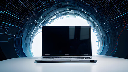 Naklejka premium Modern laptop with a blank black screen placed on a white table, set against a futuristic digital background with abstract glowing technology elements. Concept of innovation, artificial intelligence.