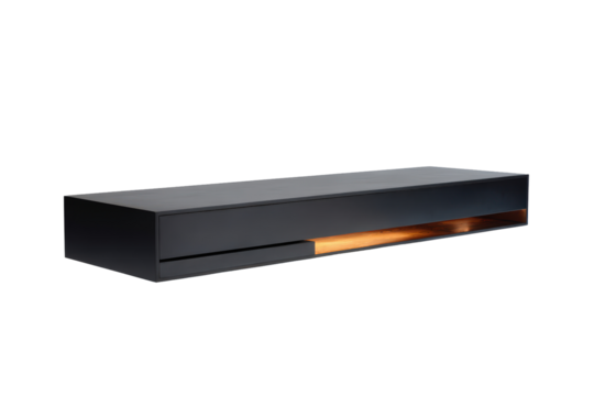 Sleek black rectangular electronic device with an orange glowing light.