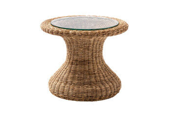 Woven wicker rattan side table with a round glass top.