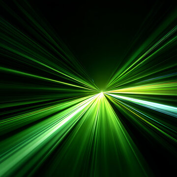 Dynamic green light streaks zoom forward, symbolizing speed, innovation, and future technology.
