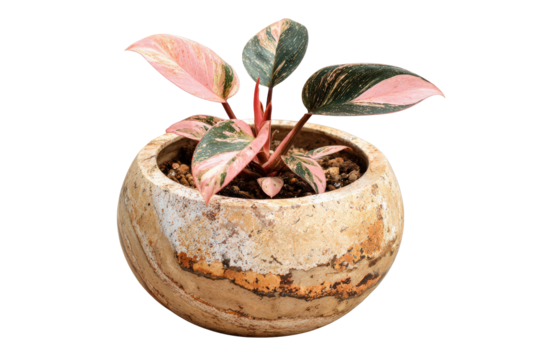Exotic Philodendron Pink Princess with vibrant variegated leaves in a rustic stone pot.