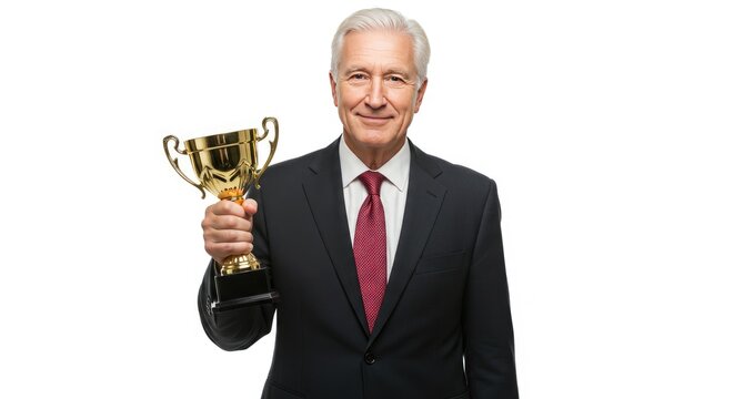 Successful Businessman Holding Golden Trophy Award