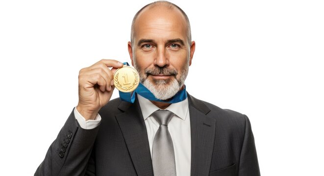 Successful Businessman Proudly Displays First Place Gold Medal