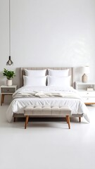 Modern bedroom interior with white bedding and beige furniture