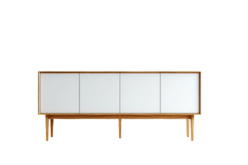 Elegant mid century modern sideboard with white doors isolated.