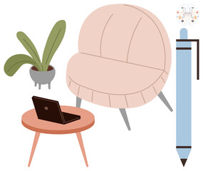 Laptop on wooden table, blush chair, potted plant, pen, and digital element. Ideal for creativity, productivity, remote work, modern office writing innovation simple flat metaphor