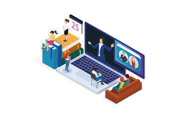 Modern Isometric Smart Online Learning Technology Illustration in White Isolated Background With People and Digital Related Asset