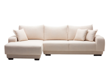 Elegant light beige sectional sofa with chaise lounge isolated on white.