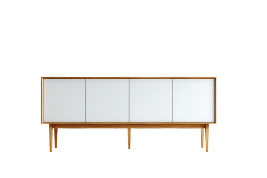 Elegant mid century modern sideboard with white doors isolated.