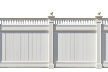 A classic white vinyl privacy fence with decorative posts and top railing.