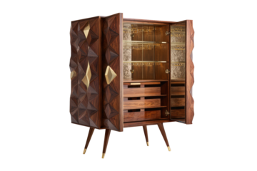 Elegant mid century modern wooden bar cabinet with open doors.