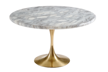 Stylish circular marble table with a sleek golden trumpet base isolated on white.