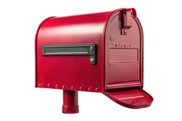 Classic red American style mailbox with an open door.
