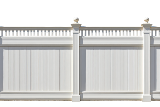 A classic white vinyl privacy fence with decorative posts and top railing.