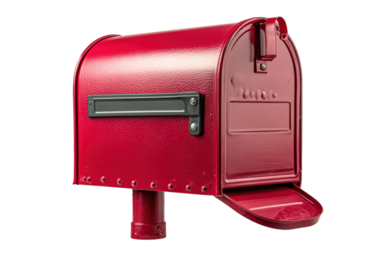 Classic red American style mailbox with an open door.
