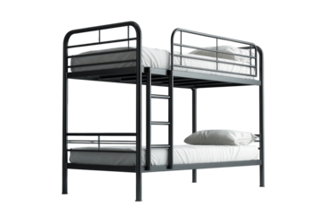 Black metal bunk bed with two tiers isolated on a white background.