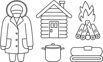 Winter Survival Icons: Parka, Cabin, Fire, Pot, Blanket