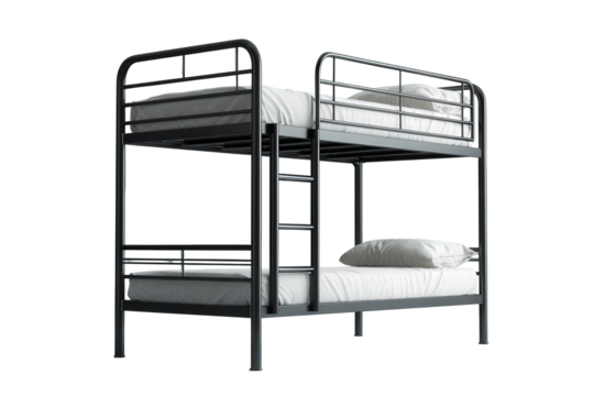 Black metal bunk bed with two tiers isolated on a white background.