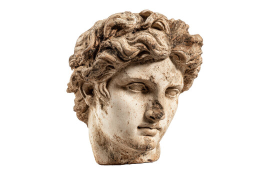 Weathered ancient Greek statue head with curly hair. - Powered by Adobe