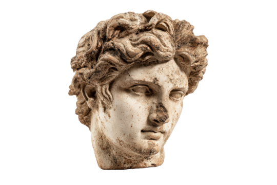 Weathered ancient Greek statue head with curly hair. - Powered by Adobe