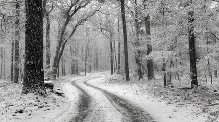 Monochrome winter forest landscape with fresh snowfall in virginia, capturing serene january scenery of snow-covered trees and peaceful woodland atmosphere