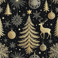 Luxury Christmas Pattern Gold Deer Trees, Elegant Black Holiday Seamless Background