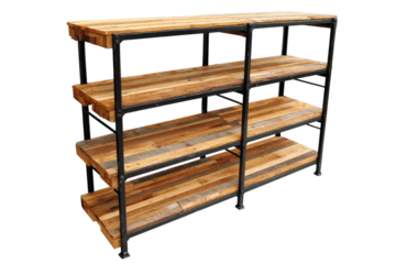 Industrial style four tier shelving unit with wooden planks.